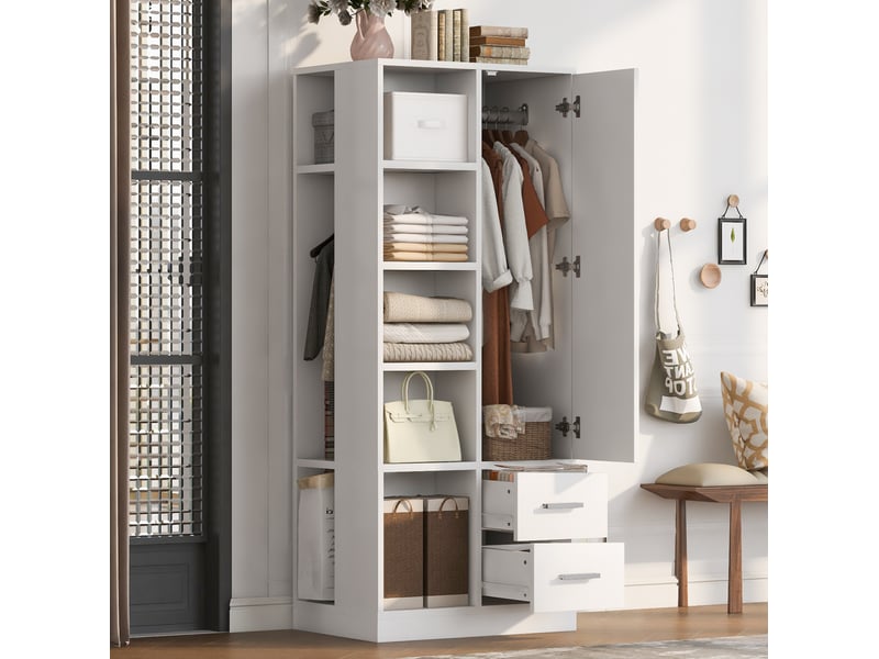 Armoire avec 1 porte, 2 tringles, étagères ouvertes et 2 tiroirs, pour chambre, en bois blanc, 70 × 50 × 170 cm - Conforama B