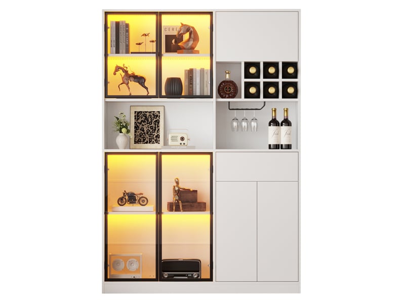 Vitrine avec led, 7 portes, 1 tiroir, 9 niches, range-verres et casiers à bouteilles, pour salon 140 × 30 × 200 cm - Conforama A
