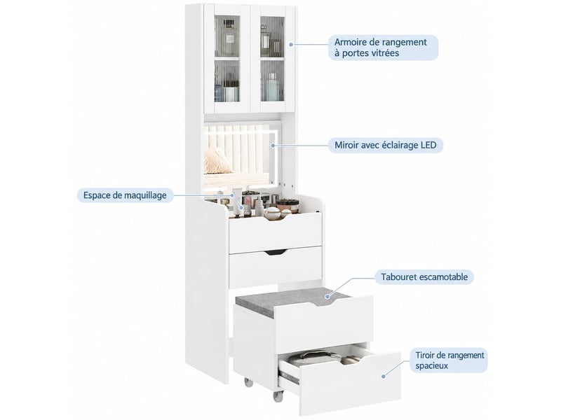 Coiffeuse avec miroir rabattable led 3 teintes, 3 tiroirs et tabouret rembourré, blanche, 50 x 40 x 160 cm - Conforama A