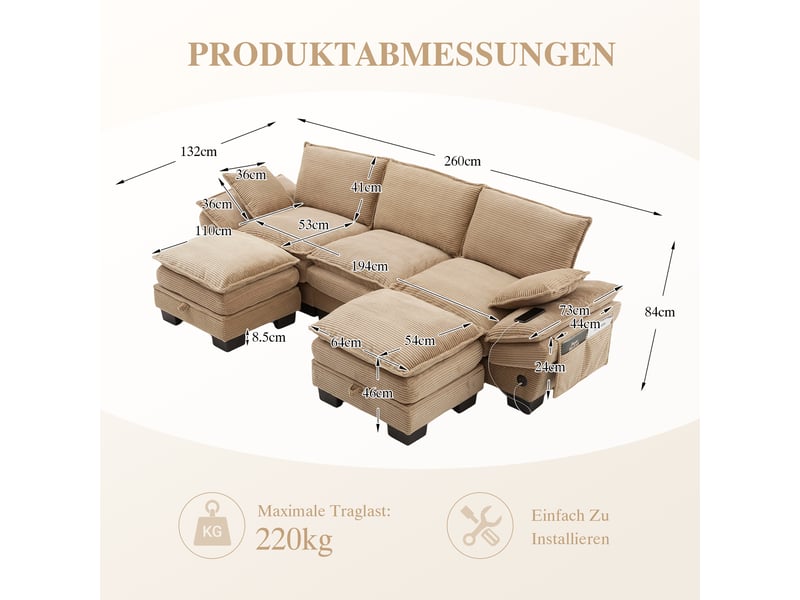  Canapé d'angle panoramique fixe 3 places tissu kaki  - Conforama C