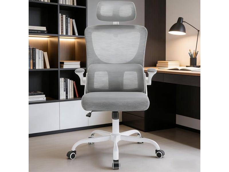  Chaise de bureau ergonomique à roulettes avec dossier inclinable - lpospi - têtière réglable, maille - gris  - Conforama B