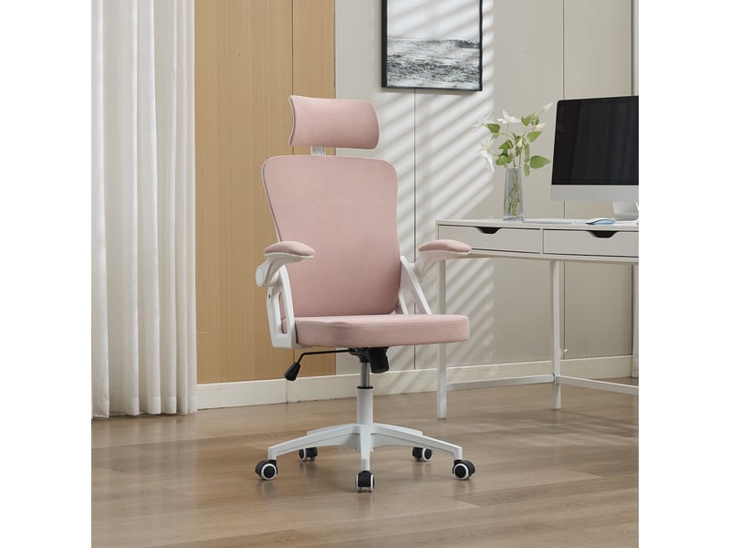  Chaise de bureau ergonomique réglable avec accoudoirs rabattables - lpospi - dossier en maille, revêtement rembourré rose  - Conforama B