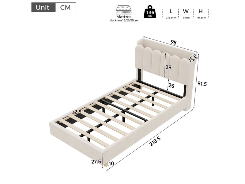  Lit enfant 90 × 200 cm 1 place avec étagères, usb, type-c et veilleuse, sans matelas, en velours beige  - Conforama D