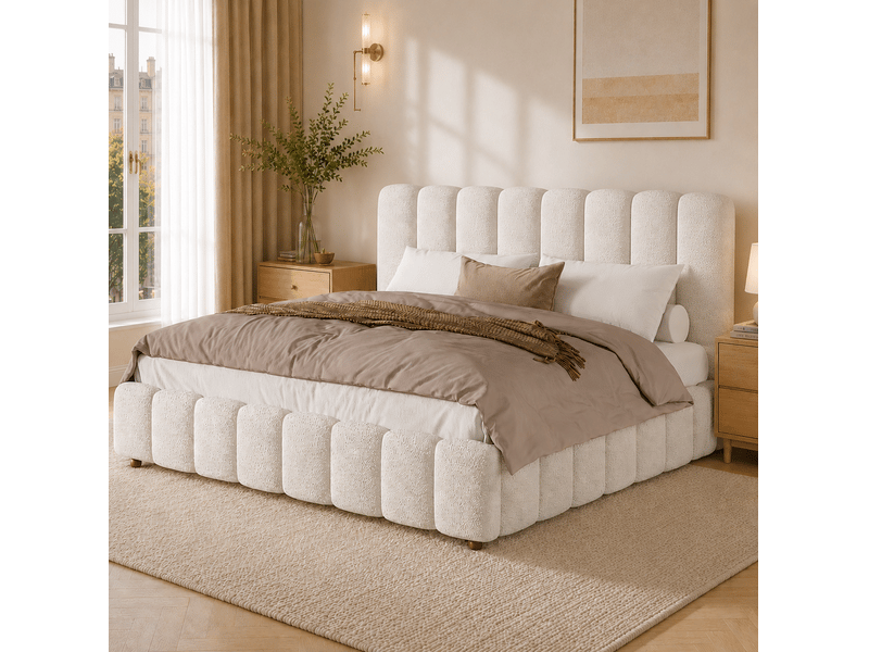 Lit double 160x200 avec sommier, tête de lit en bouclé evryae - Conforama C