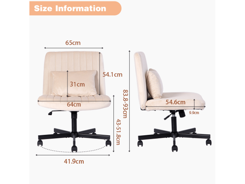  Chaise de bureau pivotante réglable en hauteur avec dossier inclinable, roulettes silencieuses et coussin en tissu beige  - Conforama C