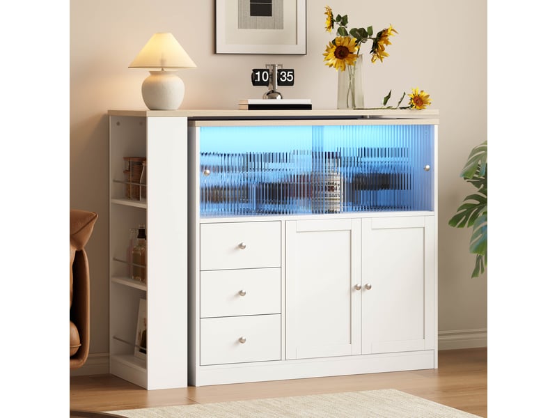  Desserte de cuisine avec 3 tiroirs, porte coulissante en verre, plateau pivotant et led pour cuisine en mdf blanc  - Conforama C