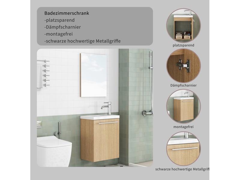  Meuble sous vasque mural en mdf bois clair avec lavabo en céramique et miroir, porte amortie, idéal pour salle de bains  - Conforama D