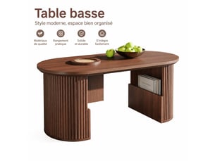 Table basse ovale effet noyer avec texture verticale, 105 x 50 x 46,5 cm