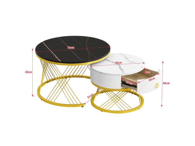  Table basse ronde d70xh45+d50xh40cm, table gigogne, tiroir, motif marbre en mdf, noir+coloris blanc  - Conforama C
