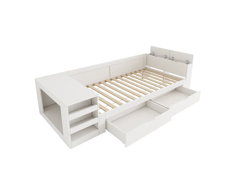 Lit simple 90x200 cm avec rangement, blanc, sans matelas - Conforama D