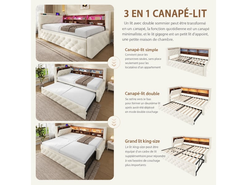  Canapé convertible 90 x 190 cm extensible en velours beige - rangement, led et ports usbusb-c  - Conforama R
