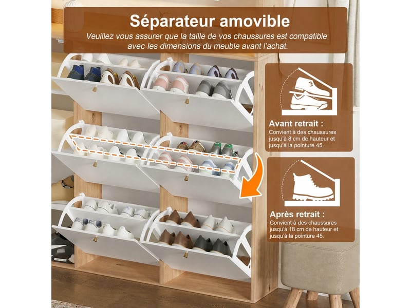  Meuble à chaussures étroit 130x25x180 cm, 6 abattants, 2 portes vitrées, led Fay Lum - Conforama D