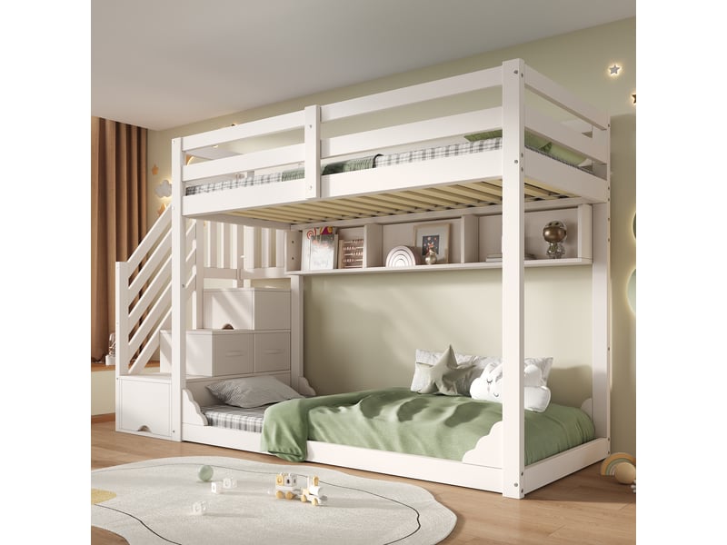 Lit superposé enfant 90 x 200 cm, escalier de rangement, 2 tiroirs, blanc - Conforama D