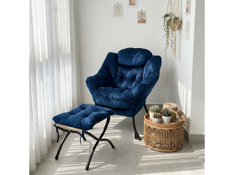  Fauteuil relax avec repose-pieds de342049 bleu foncé, accoudoirs, poche latérale, salon  - Conforama E