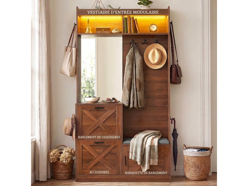  Vestiaire d'entrée avec miroir 100 cm meuble d'entrée avec banc à chaussures noyer  - Conforama D
