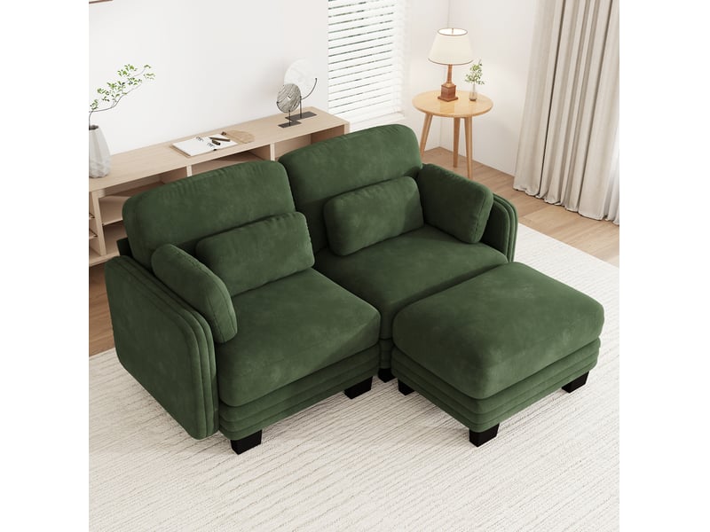  Canapé modulable d'angle 2 places 176x143x88 cm avec pouf en chenille vert  - Conforama B