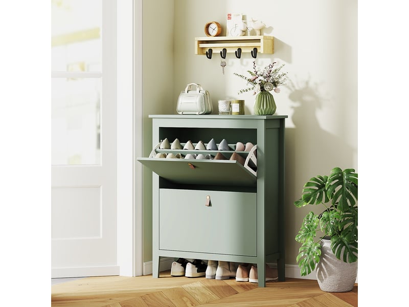  Meuble à chaussures 14 paires, armoire à chaussures avec 2 tiroirs rabattables, étagères amovibles et réglables, vert  - Conforama A