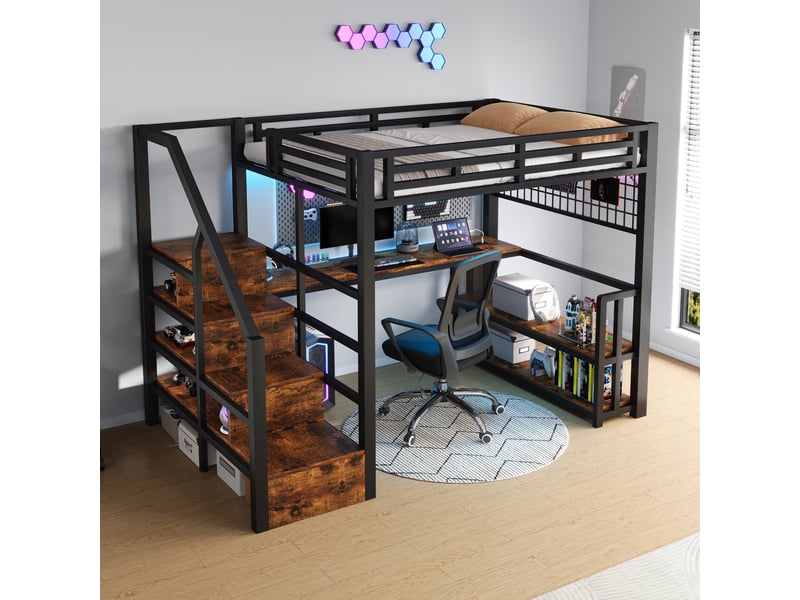  Lit mezzanine enfant 140 x 200 cm avec bureau intégré, rangements et éclairage led  - Conforama D