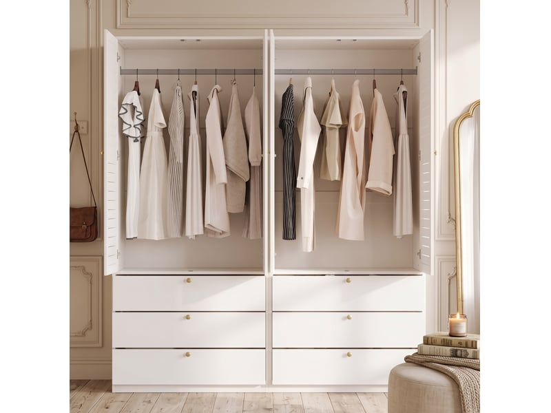  Armoire 4 portes avec 6 tiroirs et 2 tringles à vêtements, portes à lamelles blanches pour chambre 180 × 50 × 200 cm  - Conforama B