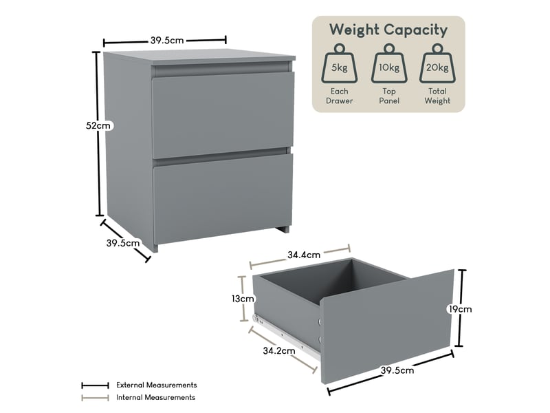  Table de chevet Denver, commode de nuit, chambre, rangement, grand, 2 tiroirs, Gris 3331836 - Conforama D