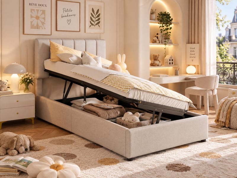  Lit coffre 90 x 200 cm - tissu lin beige - rangement hydraulique et tête de lit réglable  - Conforama B