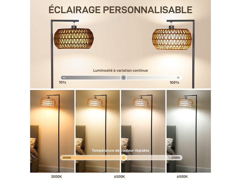 Lampadaire sur pied salon, lampe sur pied dimmable, 3 températures de couleur, 52x33x170cm, télécommande, noir - Conforama A