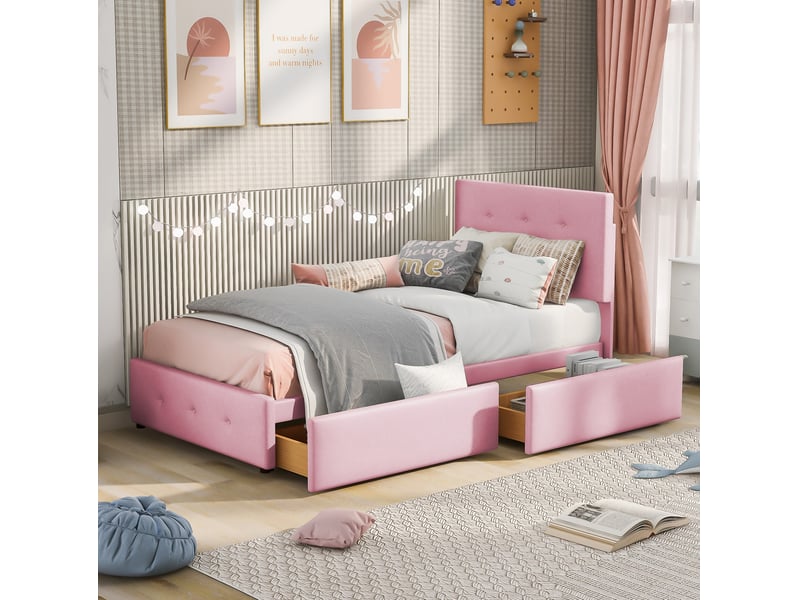  Lit simple 90x200 cm avec rangement intégré, sommier à lattes, velours rose  - Conforama C