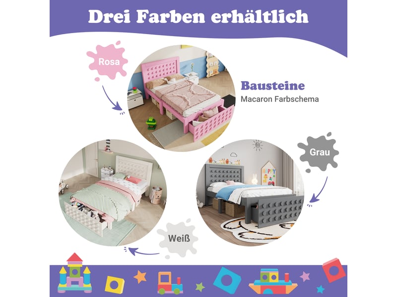  Lit enfant - 90x200 cm - bois massif - rose - design créatif avec tiroirs - espace de rangement optimal 210x95x90cm - Conforama C