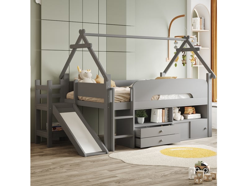  Lit mezzanine enfant 90×200 cm avec toboggan, rangements et garde-corps, bois, gris, sans matelas  - Conforama D