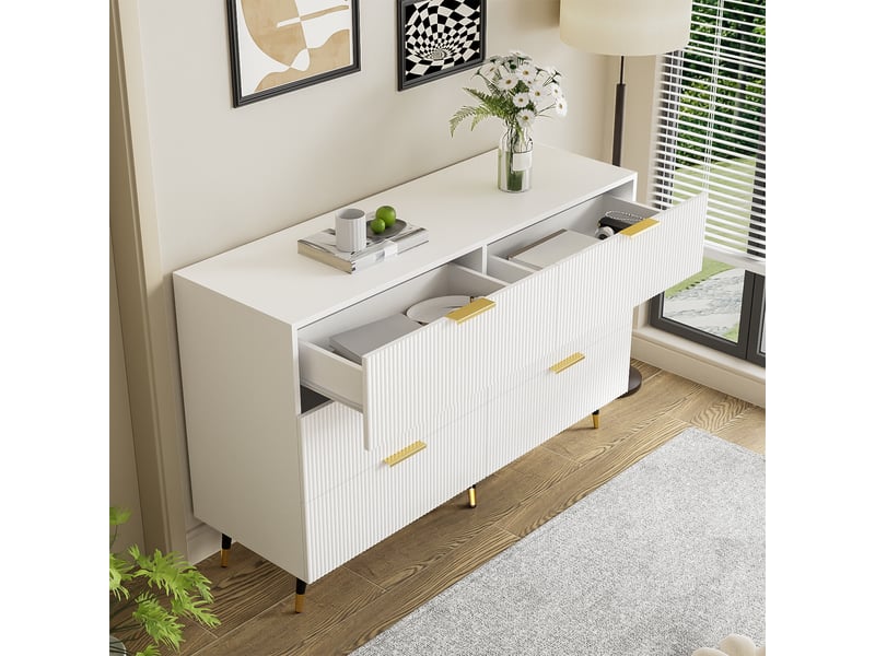  Buffet avec 6 tiroirs, façade ondulée et pieds dorés, style moderne, pour salon ou chambre, 120 x 40 x 77 cm, blanc  - Conforama C