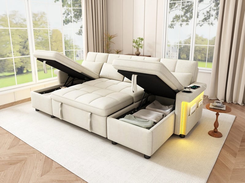  Canapé d'angle en u convertible,4 places,avec  2 méridiennes de rangement, éclairage led, port usbtype-c,268,5 × 141,5 × 90 cm,beige  - Conforama B