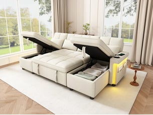 Canapé droit convertible <strong>BGSRYAO</strong> <strong></strong> 4 places Tissu beige avec coffre de rangement