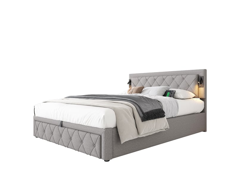 Lit coffre tcqpz 160 x 200 cm rembourré en lin gris avec led, usb, sommier à lattes, tête de lit à motif losange, ouverture hydraulique - Conforama A