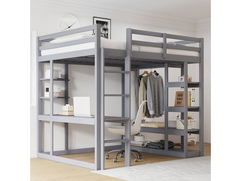  Lit mezzanine 140x200 cm avec bureau et étagère, lit enfant avec étagère de rangement, gris, lit double en bois massif  - Conforama B