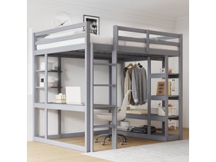 Lit mezzanine 140x200 cm avec bureau et étagère, lit enfant avec étagère de rangement, gris, lit double en bois massif