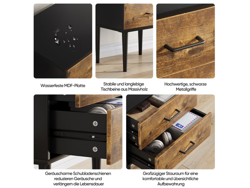  Table de chevet moderne 43x40x55 cm, 1 tiroir, 1 niche, meuble de chambre, pieds métal, mdf noir et naturel, moderne  - Conforama E