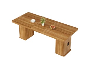 Table marron en mdf et métal, extensible de 140 à 180 cm, avec rangements intégrés et design d’extension fonctionnel