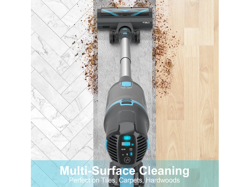  Aspirateur balai sans fil 2-en-1 30 x 25 x 115 cm – bleu et gris – moteur 300 w, hepa, 30 kpa, autonomie 60 min  - Conforama E