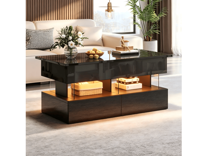  Table basse relevable 100 x 50 cm avec led, 2 tiroirs et rangement noir  - Conforama E