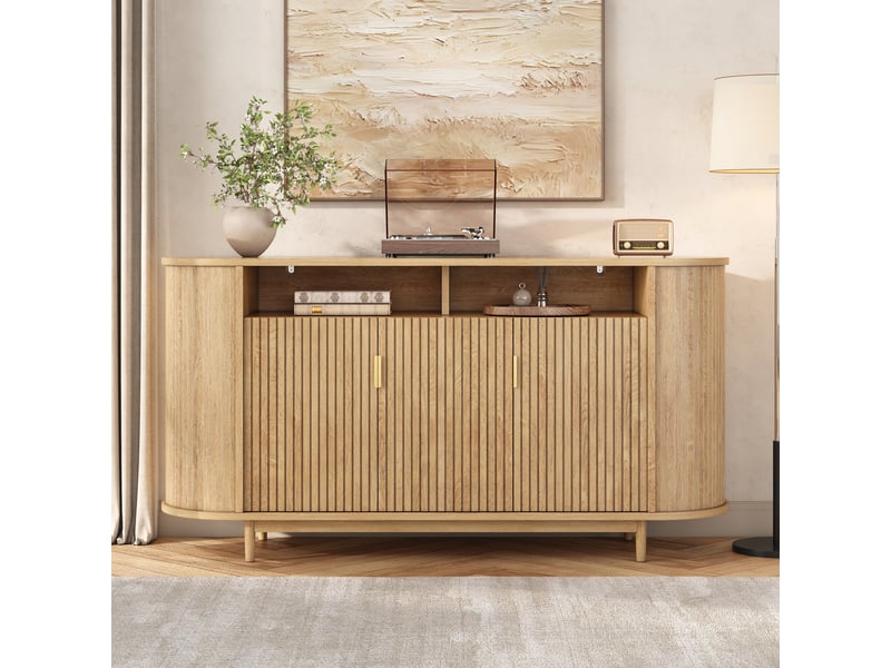 Sideboard 3 portes bois clair 140cm - enfilade moderne en mdf avec lignes verticales et pieds en pin - Conforama D