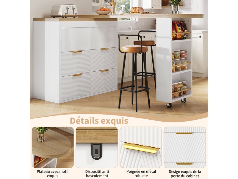  Table de bar extensible blanc effet bois, 360° pivotant et 6 tiroirs 128-203cm  - Conforama C