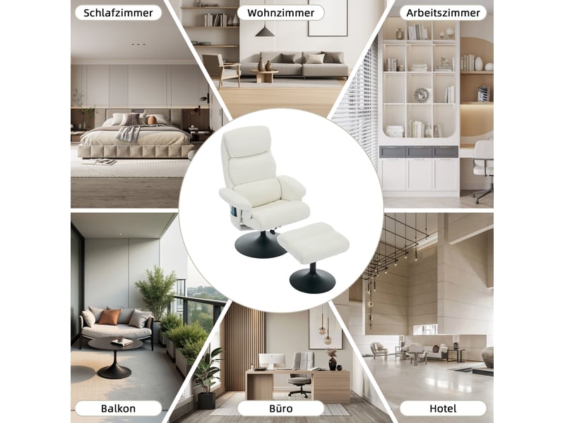  Fauteuil relax massant 77x75,5x100 cm inclinable électrique, fauteuil tv pivotant 360°, repose-pieds, chenille, blanc  - Conforama D