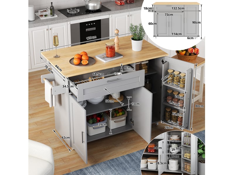 Desserte de cuisine 132,5 x 44 x 90 cm grise en mdf, plateau pliant, rangements réglables sur roulettes - Conforama C