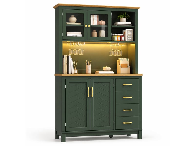  Buffet de cuisine 105,5x40x180 cm vert mdf, 4 portes, led intégrée, style campagne, rangement pratique  - Conforama A