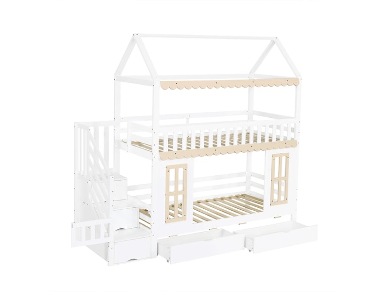 Lit superposé, lit enfant, forme maison, armoire latérale avec échelle, 2 tiroirs, fenêtres et finitions décoratives en bois, pin et mdf, blanc et naturel, 90 x 200 cm - Conforama E