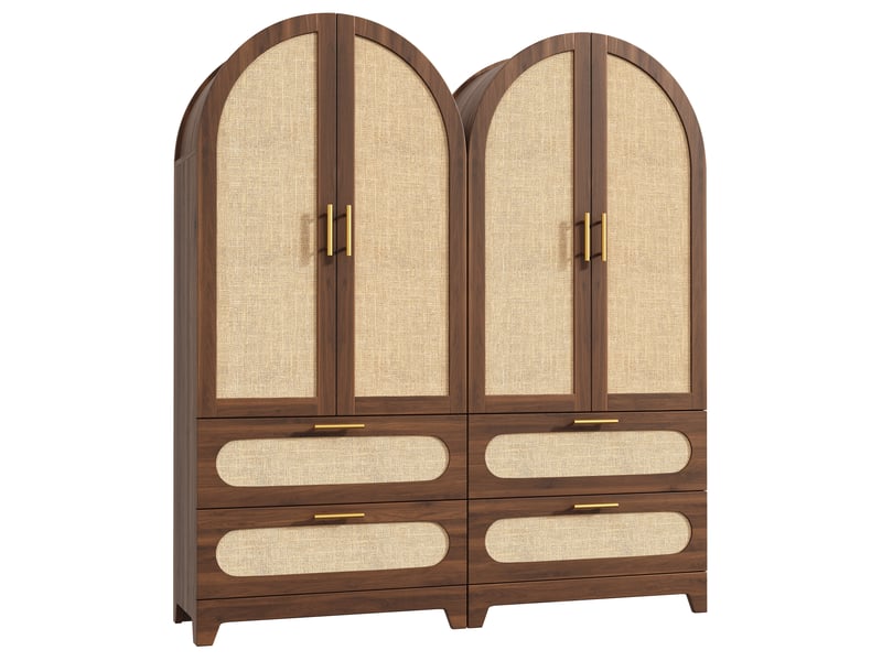  Lot de 2 armoires hautes en rotin 160 x 40 x 175 cm, 4 portes et 4 tiroirs, décor noyer chaleureux, bois foncé  - Conforama A