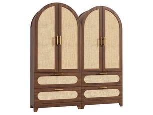 Lot de 2 armoires hautes en rotin 160 x 40 x 175 cm, 4 portes et 4 tiroirs, décor noyer chaleureux, bois foncé