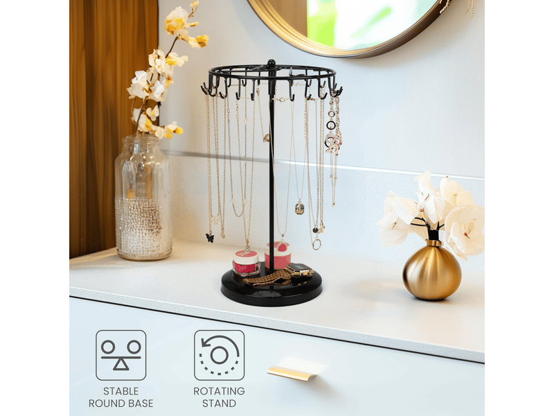  Porte bijoux rotatif en métal noir 23 crochets - h36 x l21 cm - tour de presentoir bijoux - porte collier bracelets bagues et boucles  - Conforama D