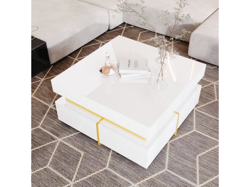  Table basse carrée brillante en panneaux de particules avec 2 tiroirs et accents dorés,blanc table basse blanc - Conforama B