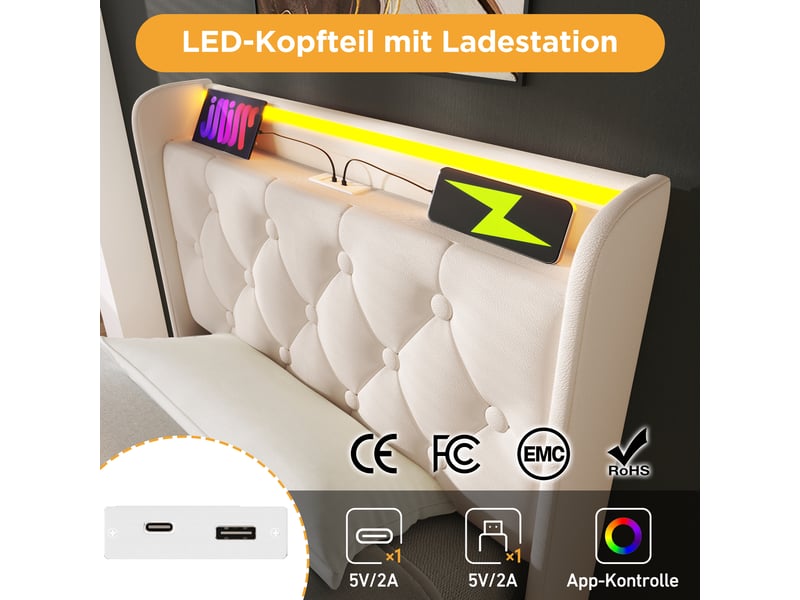  Lit 1 personne 90x200 cm avec matelas, structure de lit avec éclairage led et prise usb, blanc, lit enfant en pu  - Conforama R